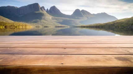Fototapete Cradle Mountain The empty wooden brown table top with blur background of Cradle mountain in Tasmania. Exuberant image. generative AI