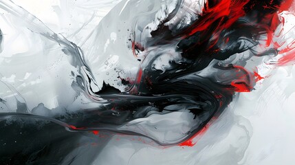 Black and red ink painting of a landscape with Japanese oriental style.