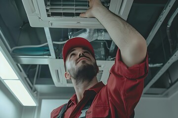 HVAC technician in red cap repairing air conditioner indoors during hot summer. Concept HVAC Repair Service, Air Conditioning Maintenance, Summer Cooling System, Indoor Appliance Repair