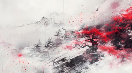 Black and red ink painting of a landscape with Japanese oriental style.
