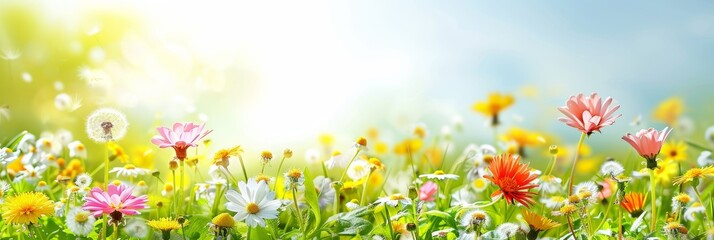 Blooming spring meadow with white and pink daisies, yellow dandelions, under sunny blue sky
