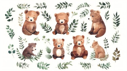 a simple clipart set of gouache cartoon cute brown bears in leaves wreath in muted colors on a white background, perfect for sticker sheet