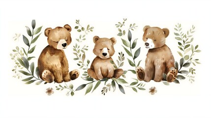 a simple clipart set of gouache cartoon cute brown bears in leaves wreath in muted colors on a white background, perfect for sticker sheet - obrazy, fototapety, plakaty