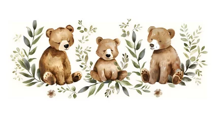 Foto op Plexiglas a simple clipart set of gouache cartoon cute brown bears in leaves wreath in muted colors on a white background, perfect for sticker sheet © Jolanta
