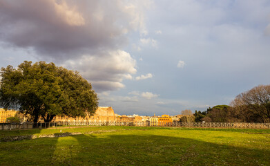 Beautiful view from  Palatine Hill (Colle Palatino) in Rome, Italy at sunset