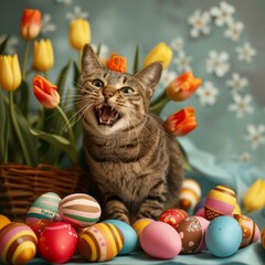 Fototapeta na wymiar Happy Cat with few easter eggs in beautiful studio background with tulips and spring decorations created with Generative AI Technology