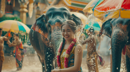 Girl with traditional costume and elephant in Songkran festival at Thailand