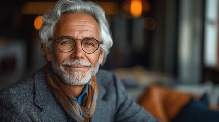 Portrait of a gray-haired man with glasses, age 60 - 65 years. - obrazy, fototapety, plakaty