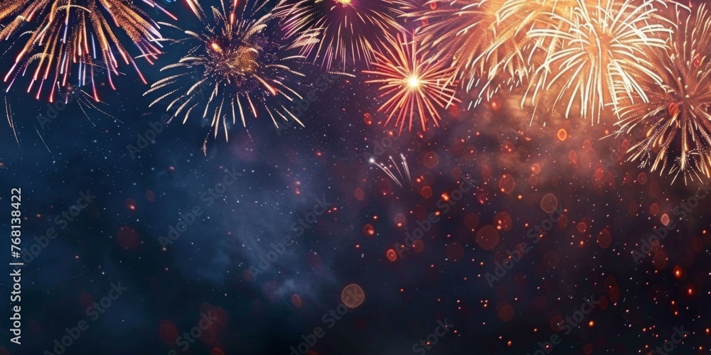 Poster firework display on black background, long banner with copy space area generative ai
