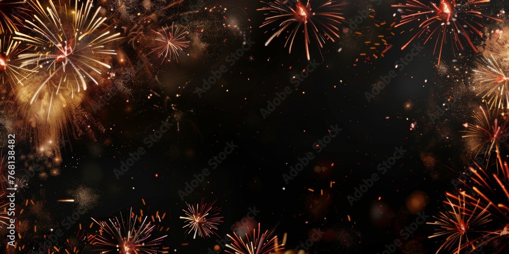 Poster firework display on black background, panoramic banner with copy space area for text and design gene