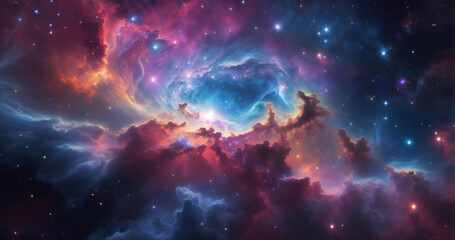 Vibrant nebula in a cosmic sky, dotted with stars and galaxies, showcasing the beauty of the...