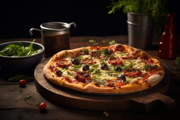 Refined pizza in a clay dish against a rustic wood background