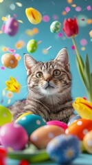 Fototapeta na wymiar Happy Cat with few easter eggs in beautiful studio background with tulips and spring decorations created with Generative AI Technology