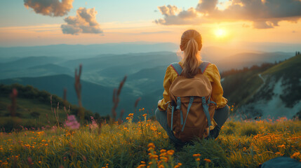 Rear view of a woman meditating while sitting on a mountain top and watching the sunset or sunrise. Calmness and tranquility. - obrazy, fototapety, plakaty