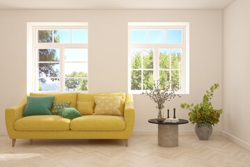 White living room with sofa and summer landscape in window. Scandinavian interior design. 3D illustration