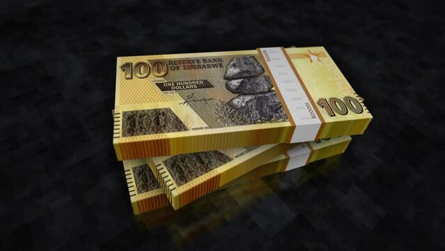 Zimbabwe money Zimbabwean dollars pile pack. Concept background of economy, banking, business, crisis, recession, debt and finance. ZWL 100 banknotes stacks 3d animation.