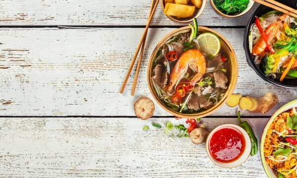 Top View Composition of Various Asian Food

