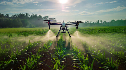 irrigation of a wheat field using a drone - obrazy, fototapety, plakaty