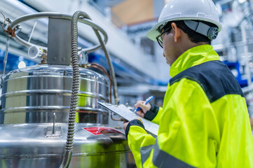 Asian engineer working at Operating hall,Thailand people wear helmet  work,He worked with diligence...