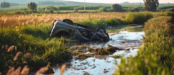 An abandoned, dirty car flipped upside down in a rural ditch, with golden sunrise light. - obrazy, fototapety, plakaty