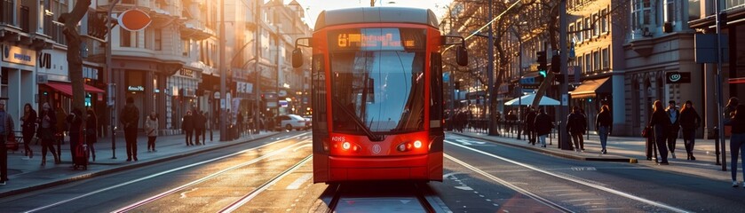 Urban Sunset with Tram on City Street