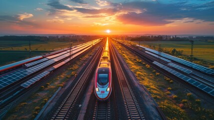 Fototapeta premium High-speed train powered by renewable energy, with solar panels along the track, representing sustainable transport