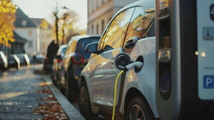 Electric Cars Docked at Urban Charging Stations