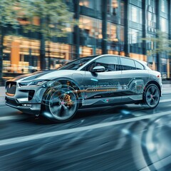 Dynamic Electric Car with Transparent Technology Overlay