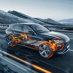 High-Speed SUV with Electric Powertrain Visualization - obrazy, fototapety, plakaty