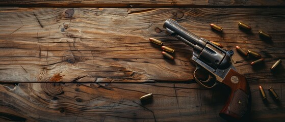 A classic revolver with scattered bullets on an old wooden table, evoking a western theme. - obrazy, fototapety, plakaty