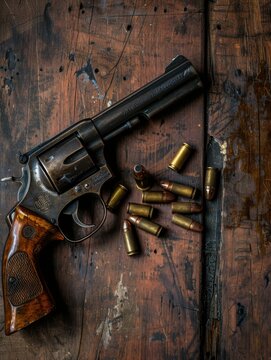 A classic revolver with scattered bullets on an old wooden table, evoking a western theme.