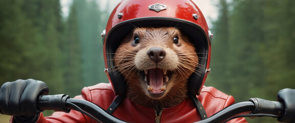 A cartoon Beaver or Capybara rides a motorcycle along the highway. Animal on a mobed through a forest belt - obrazy, fototapety, plakaty