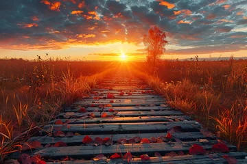Papier Peint photo Lavable Brun Panoramic autumn landscape with wooden path at sunset. Fall nature background