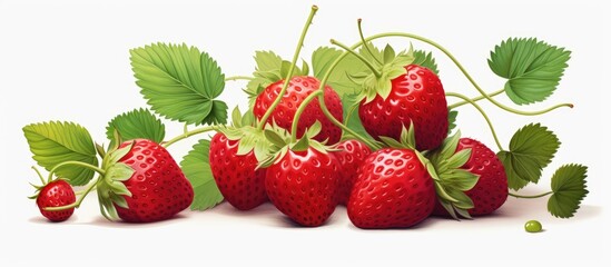 A group of fresh strawberries with vibrant green leaves arranged on a clean white background. The strawberries appear ripe and ready to eat, each with a glossy red exterior and small seeds dotted on