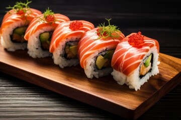 Delicious sushi on a ceramic tile against a rustic wood background