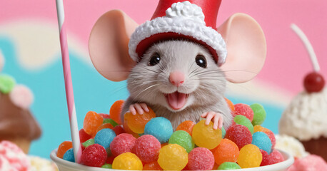 Cartoon cute mouse in the candy kingdom. Rat prince rodent in unusual clothes with a large ice candy and colored candies. Sweet Tooth World