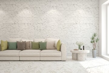 Loft living room concept with sofa and white brick wall. 3D illustration