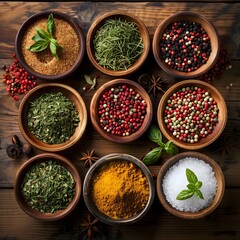 Colorful spices in bowls on a wooden table, top view, food photography, colorful pepper, rosemary, basil, sweet paprika, curcuma 