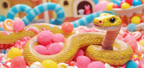 Cartoon cute snake reptile in the candy kingdom. A bright python prince in the world of ladies.