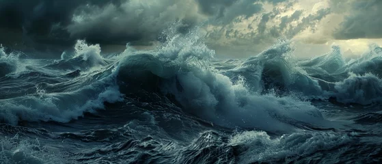 Poster The dramatic dance of turbulent ocean waves captured under the dark, brooding canvas of a stormy sky. © Valentyna