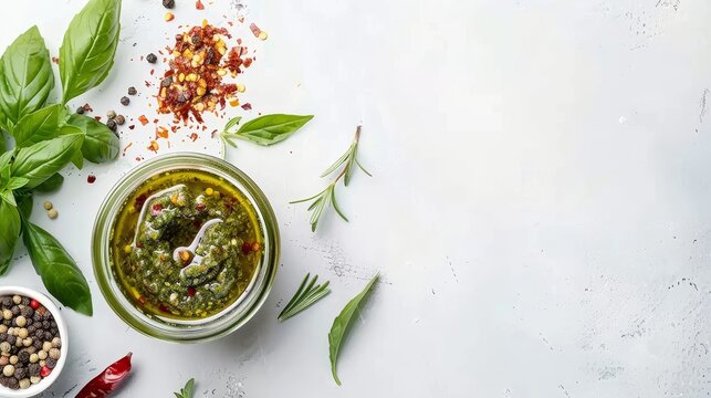 Jar of pesto sauce on white background with copy space, homemade italian condiment for recipes