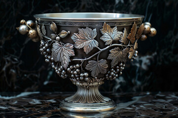 Silver antique chalice with grapes and leaves embossed on the sides as well as grapes in and around as embellishment