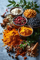 Spices and Flavors of the World: Colorful exotic and aromatic spices.