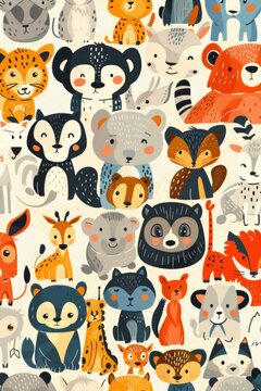 A group of charming designer animals arranged in a delightful pattern across the image. Illustration 