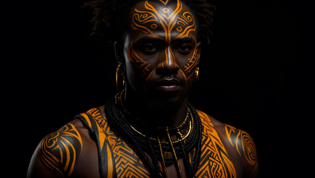 Profile view of an African man adorned with tribal body paint and ethnic jewelry, showcasing cultural heritage and identity.