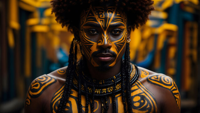 Man with Intricate Yellow Face Paint and Afro Hairstyle with elaborate yellow and black face paint, displaying cultural beauty.