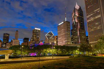View of Chicago skyline from Millennium park at twilight