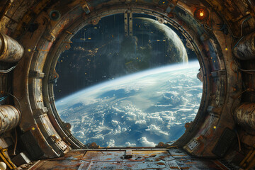 Spaceship grunge interior with view on planet Earth 3D rendering elements of this image furnished by nature