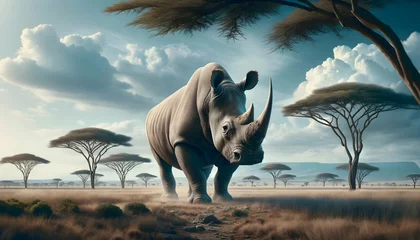 Plexiglas foto achterwand An imposing rhino roams freely across the expansive African savannah, under a sky scattered with clouds. © Pawin