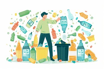 A person separating plastic bottles from general waste. Illustration On a clear white background 